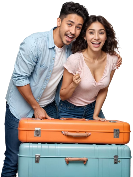 Happy travelers with suitcases ready for a holiday adventure.