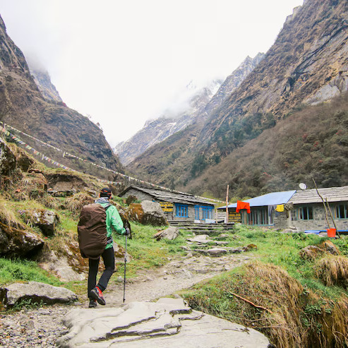 Himalayan village with temple for adventure travel