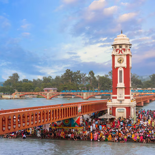Snowy hill station with tourists on holiday