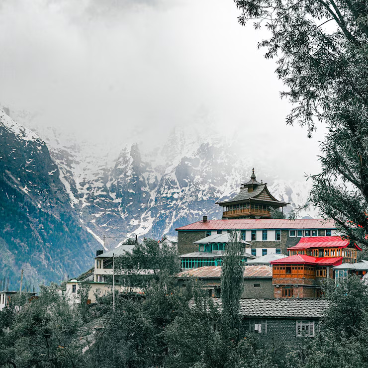 Snowy hill station with tourists on holiday