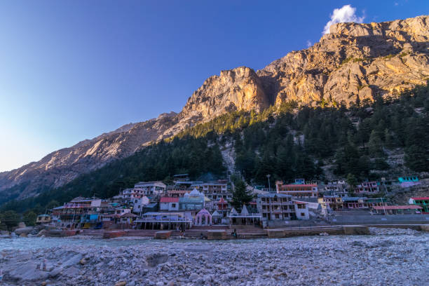 Snowy hill station with tourists on holiday