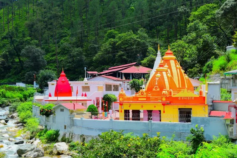 Himalayan village with temple for adventure travel